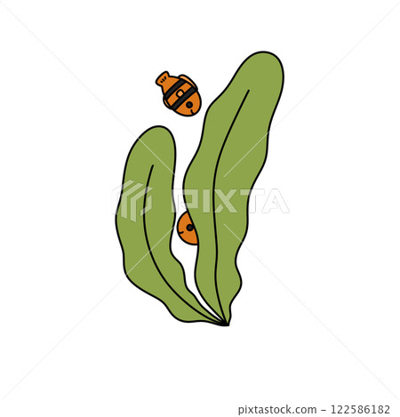 A cartoon drawing of a fish and a bug on a green leaf 122586182