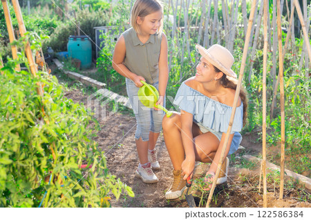 Daughter helps mom to water plants from watering can in farm field Daughter helps mom to water plants from watering can in farm field 122586384