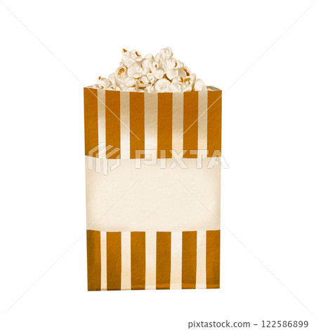 A bag of popcorn. Paper container with snack. Classic retro style for popcorn and cinema. Gold stripes. crispy salty snack. watercolor illustration isolated from background. Place for the inscription. 122586899