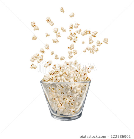 popcorn in a large glass bowl. Flying popcorn. Crispy corn. Homemade snack. watercolor illustration without background. transparent cup for food. For printing on menus, packaging or cards.  122586901