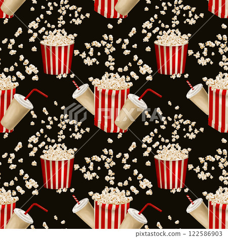 Popcorn in bags and boxes. scatters in different directions. drinks in paper glasses. Seamless pattern with snack. Watercolor illustration without background. Red stripe. Classic retro style. Popcorn in bags and boxes. scatters in different directions. drinks in paper glasses. Seamless pattern with snack. Watercolor illustration without background. Red stripe. Classic retro style. 122586903