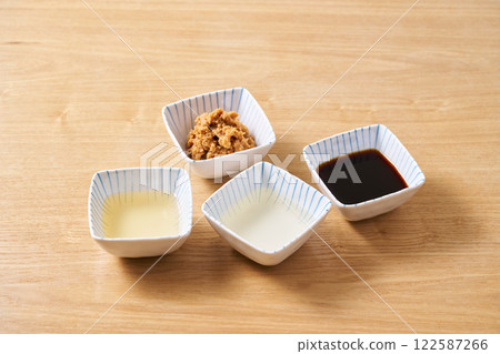 Fermented seasonings: miso, mirin, soy sauce, vinegar 122587266