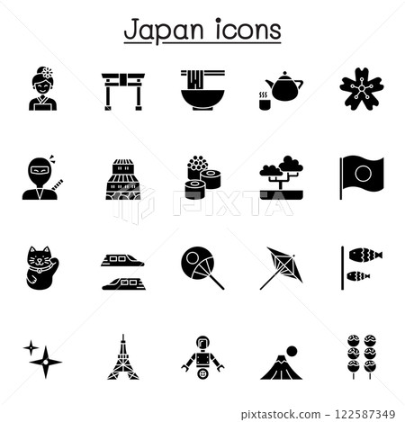 Set of Japan Related Vector icon. Contains such icon as sushi, kimono, ninja, castle, fuji mountain, bonsai, geisha and more 122587349