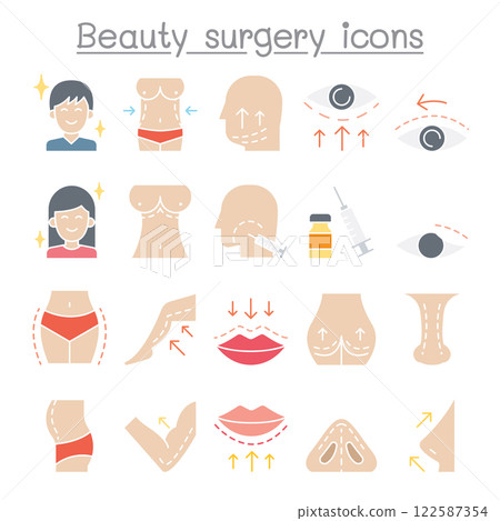 Plastic surgery icon set in flat color style 122587354