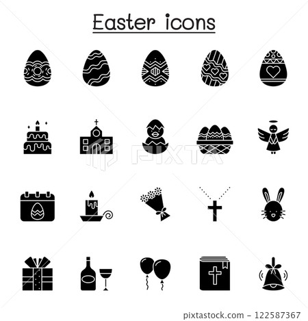 Set of Easter Related Vector icon. Contains such icon as egg, gift, church, rabbit, chicken, bible, balloon, flower, cross, angel, celebration and more. 122587367