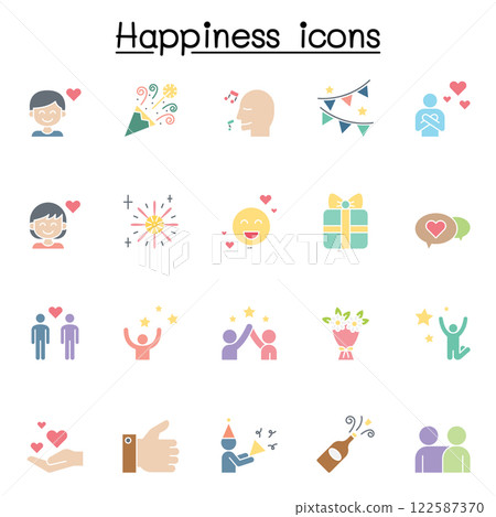 Set of Happy Related Vector icon. Contains such icon as smile, celebration, cheer, party, fun, enjoy, jump, firework, flower, satisfaction, heart, star and more Set of Happy Related Vector icon. Contains such icon as smile, celebration, cheer, party, fun, enjoy, jump, firework, flower, satisfaction, heart, star and more 122587370