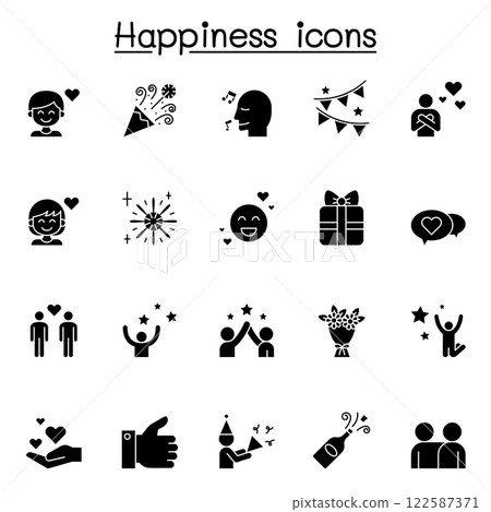 Set of Happy Related Vector icon. Contains such icon as smile, celebration, cheer, party, fun, enjoy, jump, firework, flower, satisfaction, heart, star and more 122587371