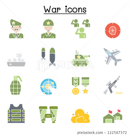 Set of War Related Vector icon. Contains such Icon as soldier, army, military, navy, airforce, bomb, battleship, airplane in flat color style Set of War Related Vector icon. Contains such Icon as soldier, army, military, navy, airforce, bomb, battleship, airplane in flat color style 122587372