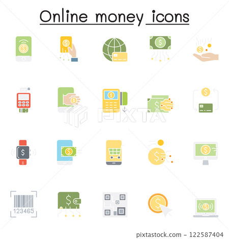 Set of Online money Related Vector icon. Contains such icon as crytocurrency, online banking, e-money, online payment, cashless, credit card, e-wallet, investment, shopping online and more. Set of Online money Related Vector icon. Contains such icon as crytocurrency, online banking, e-money, online payment, cashless, credit card, e-wallet, investment, shopping online and more. 122587404