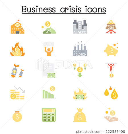 Economic recession, business crisis, trade war icon set in flat color style 122587408