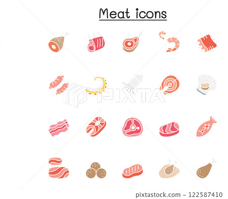 Meat, pork, beef, seafood icon set in flat color style 122587410