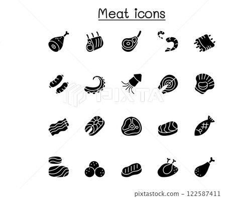 Meat, pork, beef, seafood icon set in glyph style 122587411