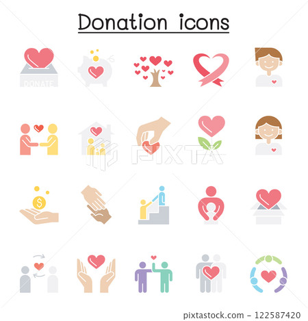 Donation and Charity icon set in flat color style Donation and Charity icon set in flat color style 122587420