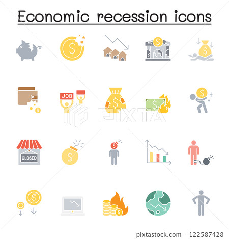 Economic recession icon set in flat color style Economic recession icon set in flat color style 122587428