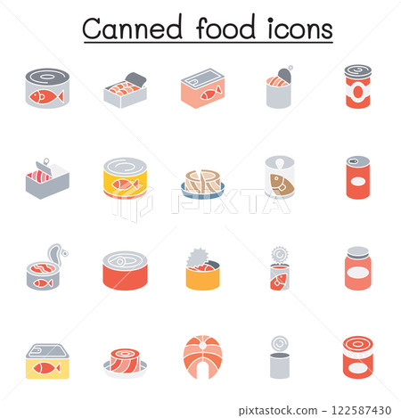 Canned food and Preserved food icon set in flat color style Canned food and Preserved food icon set in flat color style 122587430
