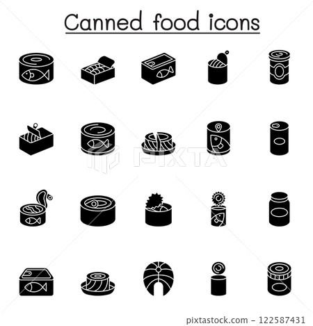 Canned food and Preserved food icon set in glyph style 122587431