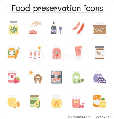Preserved food icon set in flat color style 122587432