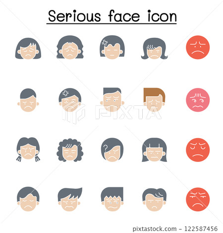 Serious face icon set in flat color style 122587456