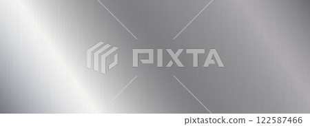 Silver metallic gradient texture. Grey polished metal foil background. Wide shiny titan or aluminum sheet for label, plate, sign, tag. Stainless steel material surface texture. Vector chrome backdrop Silver metallic gradient texture. Grey polished metal foil background. Wide shiny titan or aluminum sheet for label, plate, sign, tag. Stainless steel material surface texture. Vector chrome backdrop 122587466