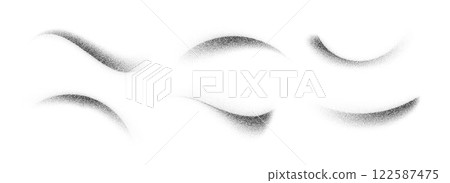 Dotted curved brush stroke set. Wavy grainy spray element collection. Black flowing sand splashes pack. Stippled noise gradient shades bundle. Splattered dust particle texture waves. Vector 122587475