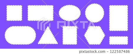 White postage stamp set. Poststamp frames or borders. Rectangle, circle or square template for mail, postcard, letter, note. Jagged wavy edge forms. Vector zig zag objects for badge, sticker, photo White postage stamp set. Poststamp frames or borders. Rectangle, circle or square template for mail, postcard, letter, note. Jagged wavy edge forms. Vector zig zag objects for badge, sticker, photo 122587486