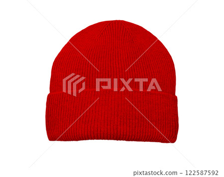 Red knitted winter wool hat isolated on white background. 122587592