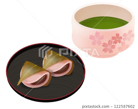 Kanto-style sakura mochi and matcha on a plate 122587602