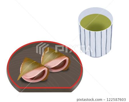 Kanto-style Sakuramochi on a plate and tea 122587603