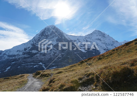 View of the Jungfrau region from a trekking trail, Grindelwald, Switzerland View of the Jungfrau region from a trekking trail, Grindelwald, Switzerland 122587746