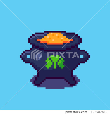 Pixel art Pot with Clover for St Patrick Day game asset design Pixel art Pot with Clover for St Patrick Day game asset design 122587819