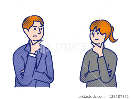 Dot illustration of the upper body of a young man and woman thinking with their hands on their chins 122587851