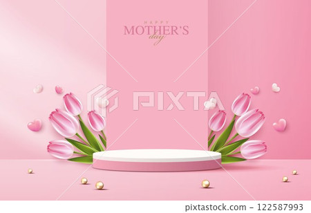 Mother's day for display podium, Valentine's Day with heart and flower. minimal pink background. product display presentation. studio room concept, minimal wall scene. vector design. 122587993