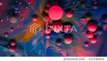 Bubble spill. Paint mix. Oil pink purple ball drops on colorful blur smooth surface. Art pigment powder fantasy abstract background. 122588042
