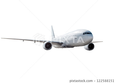 Wide body passenger aircraft flying isolated on white background Wide body passenger aircraft flying isolated on white background 122588151
