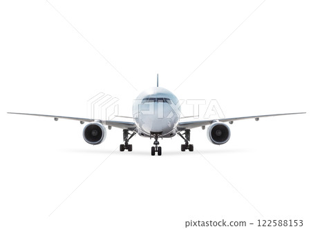 Front view of wide body passenger jet plane isolated on white background 122588153
