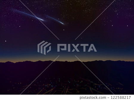 Realistic illustration of a shooting star, night sky and mountains Realistic illustration of a shooting star, night sky and mountains 122588217