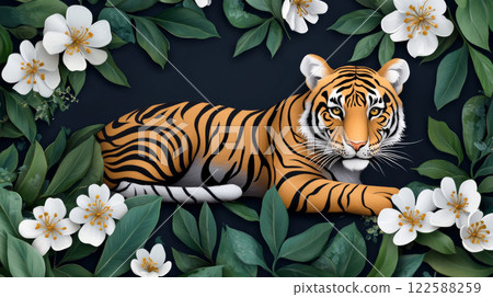 Tiger surrounded by lush green leaves and white flowers 122588259