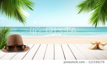 Straw hat and sunglasses on tropical beach background Straw hat and sunglasses on tropical beach background 122588278