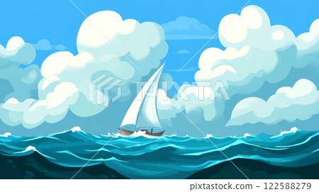 Sailboat on ocean waves under cloudy sky 122588279