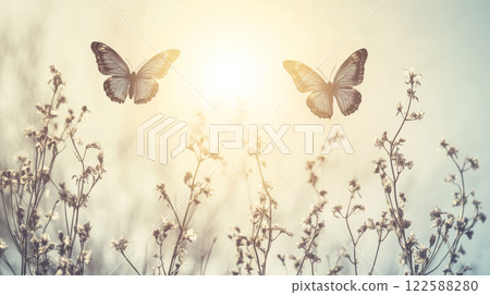 Butterflies fluttering over sunlit wildflowers 122588280