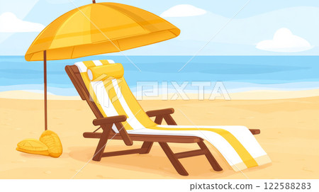 Beach scene with sunbed and umbrella 122588283
