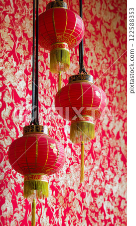 Red lanterns with gold patterns on festive background Red lanterns with gold patterns on festive background 122588353