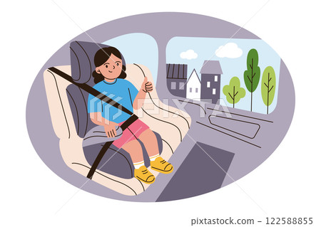 Vector illustration of child in car safety seat with seatbelt, kids protection during travel. Flat cartoon girl character, ideal for road safety, accident prevention, and family concepts 122588855