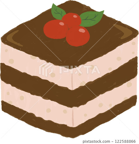 Illustration of a chocolate mousse cake with red cherries Illustration of a chocolate mousse cake with red cherries 122588866