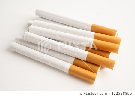 Cigarette on US dollar banknotes, cost, trading, marketing and production, No smoking, import export. 122588890