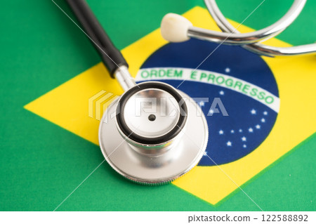 Stethoscope on Brazil flag, business and finance. 122588892