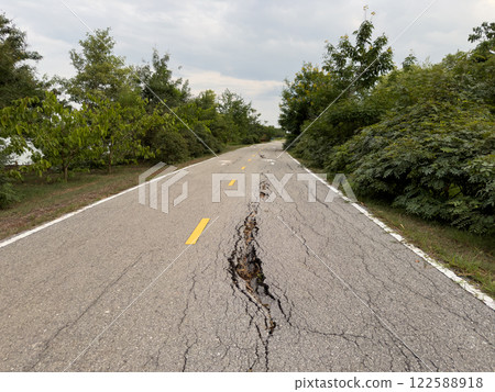 The road used for jogging in the park is damaged. 122588918