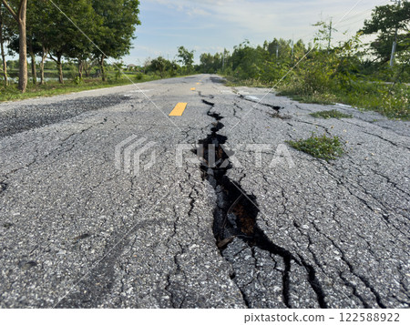 The road used for jogging in the park is damaged. The road used for jogging in the park is damaged. 122588922