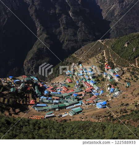 Namche Bazar seen from above, Nepal. 122588933