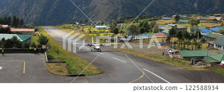 Arriving small plane, Lukla Airport, Nepal. 122588934